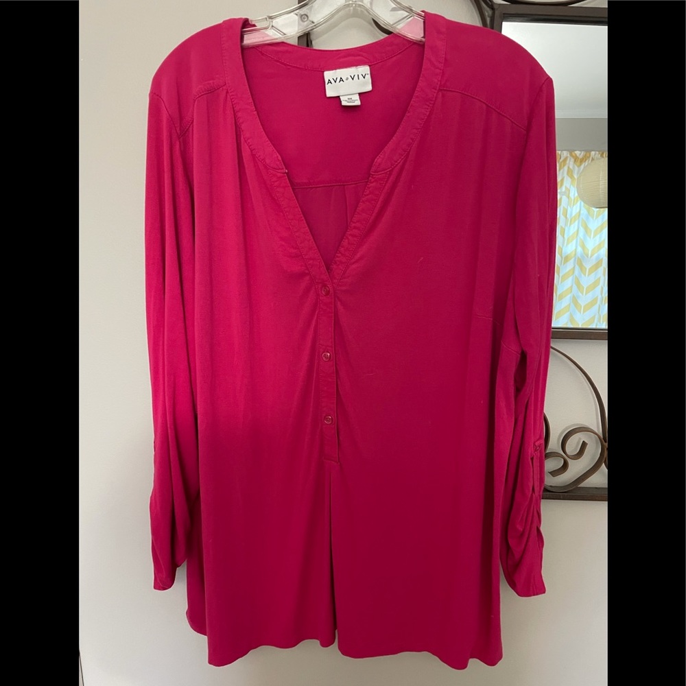 Ava & Viv 3X pink fuchsia V-neck 3/4 sleeve buttoned blouse